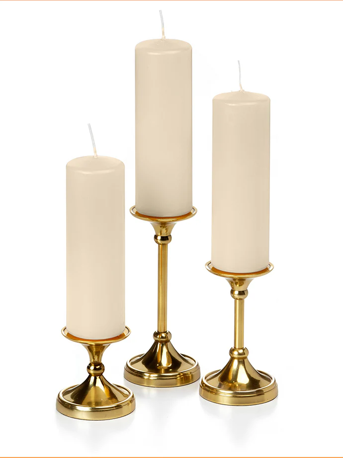 12 Slim Pillar Candles and 12 Gold Timeless Pillar Holders - Image 25