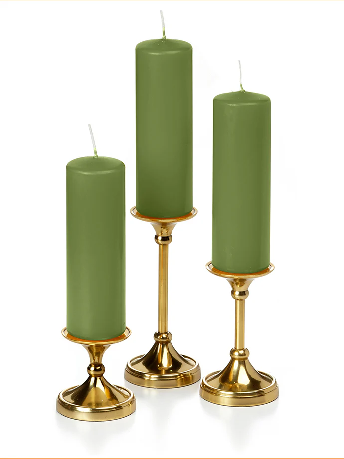 12 Slim Pillar Candles and 12 Gold Timeless Pillar Holders - Image 31