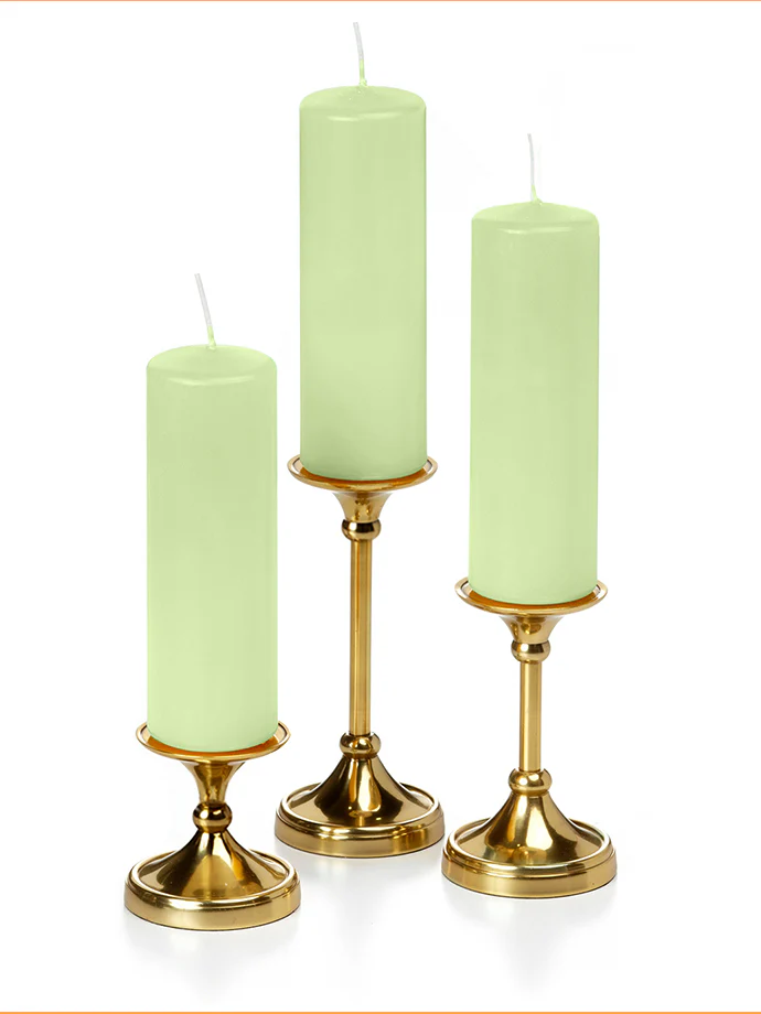 12 Slim Pillar Candles and 12 Gold Timeless Pillar Holders - Image 39