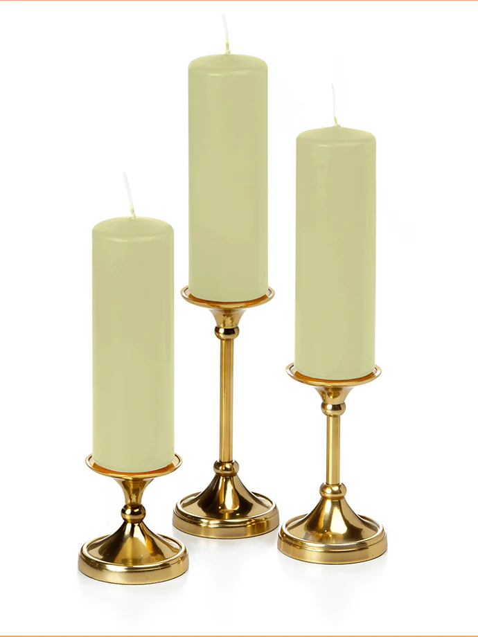 12 Slim Pillar Candles and 12 Gold Timeless Pillar Holders - Image 45