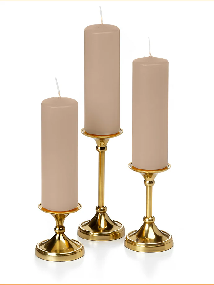 12 Slim Pillar Candles and 12 Gold Timeless Pillar Holders - Image 49