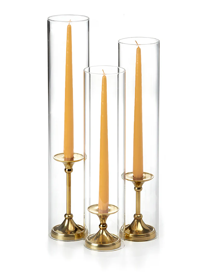 12 Taper Candles, 12 Glass Chimneys and 12 Gold Timeless Taper Holders - Image 15