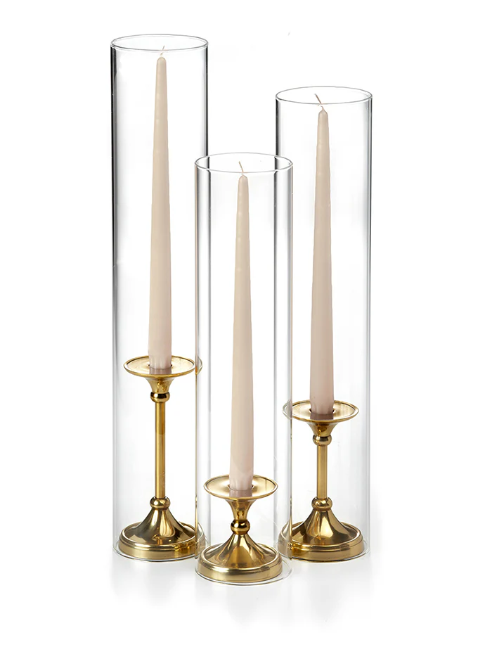 12 Taper Candles, 12 Glass Chimneys and 12 Gold Timeless Taper Holders - Image 24