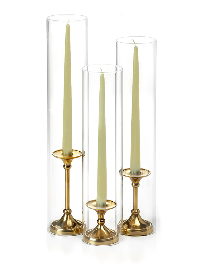 12 Taper Candles, 12 Glass Chimneys and 12 Gold Timeless Taper Holders - Image 45